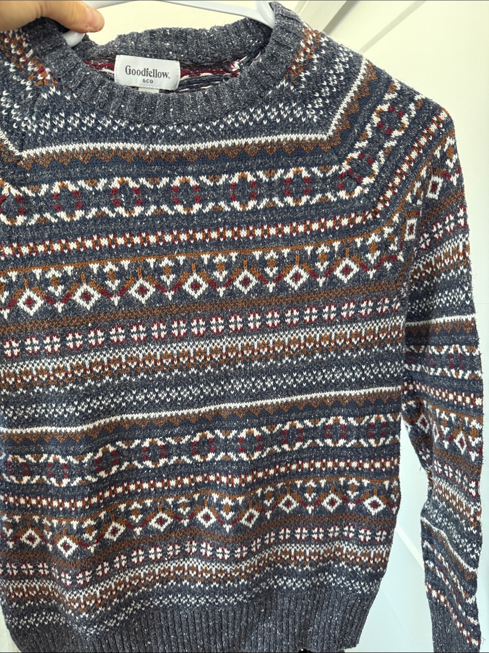 Goodfellow & Co Gray Fair Isle Crewneck Sweater with Brown and White Accents